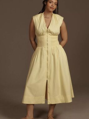 Anthropologie Pale Yellow Midi Zip-Front Dress